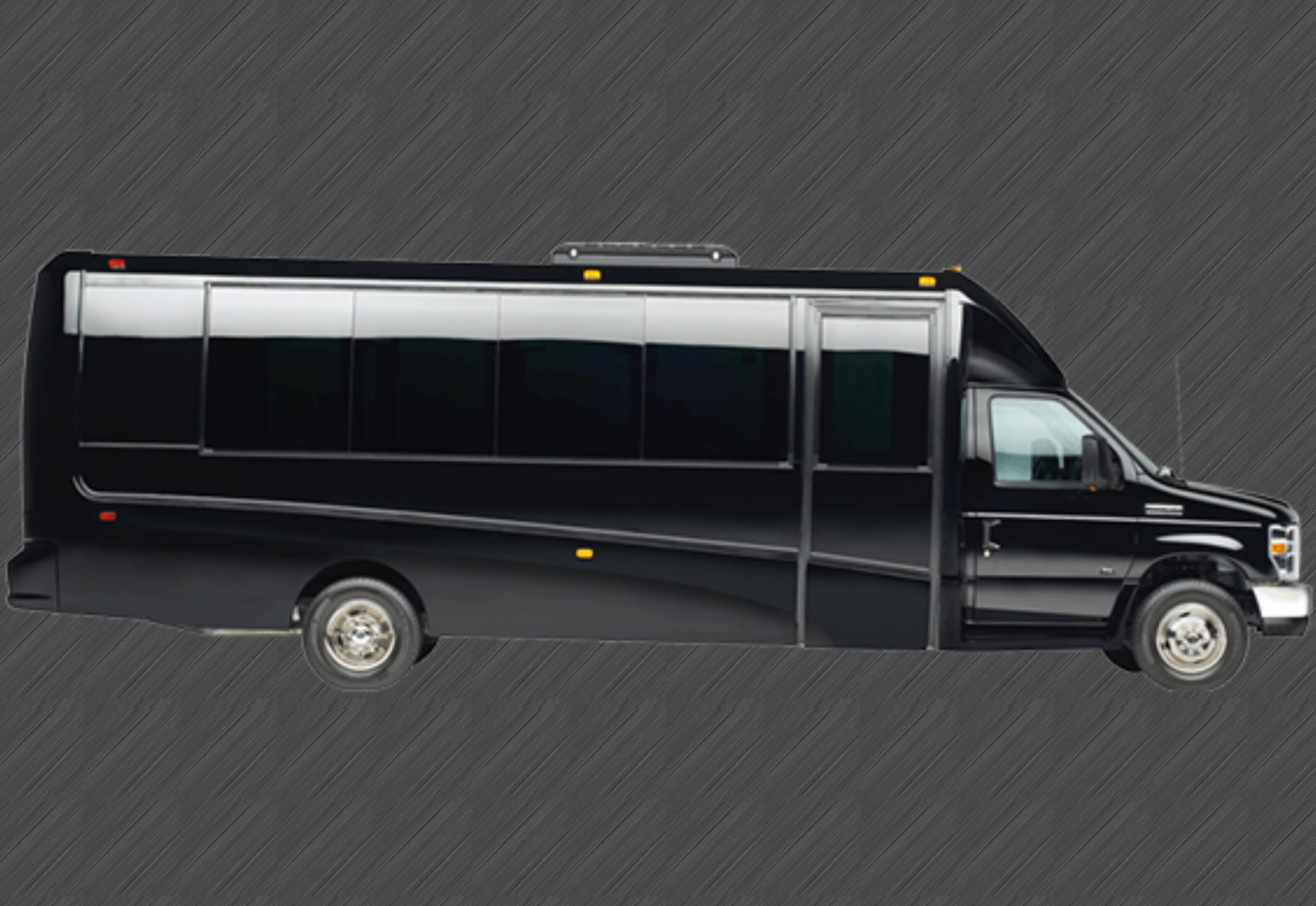 Sleek black luxury party bus with tinted windows and modern design.